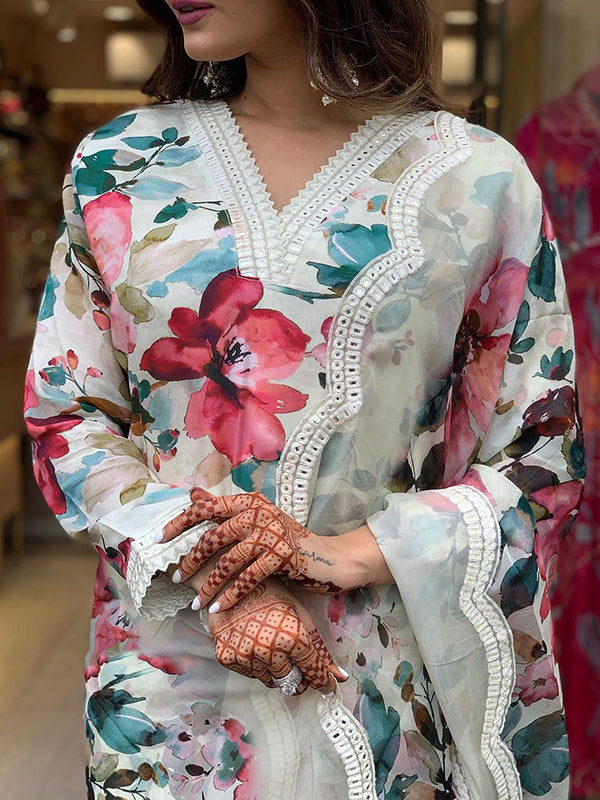 Muslin Flower Printed Kurti With Pant & Dupatta Set