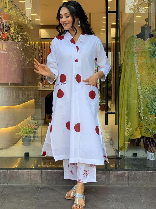 Maroon Polka Dot White Cotton Kurti With Pant