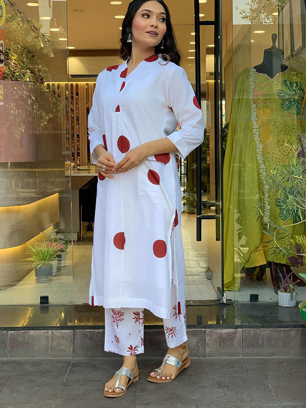 Maroon Polka Dot White Cotton Kurti With Pant