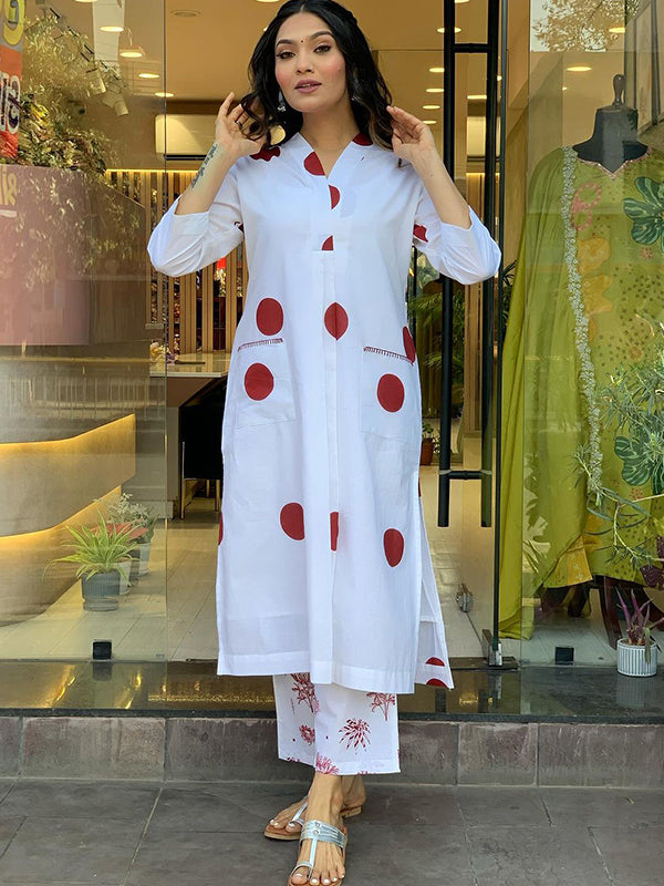 Maroon Polka Dot White Cotton Kurti With Pant