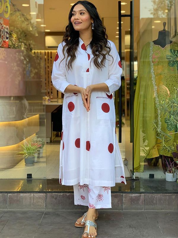 Maroon Polka Dot White Cotton Kurti With Pant