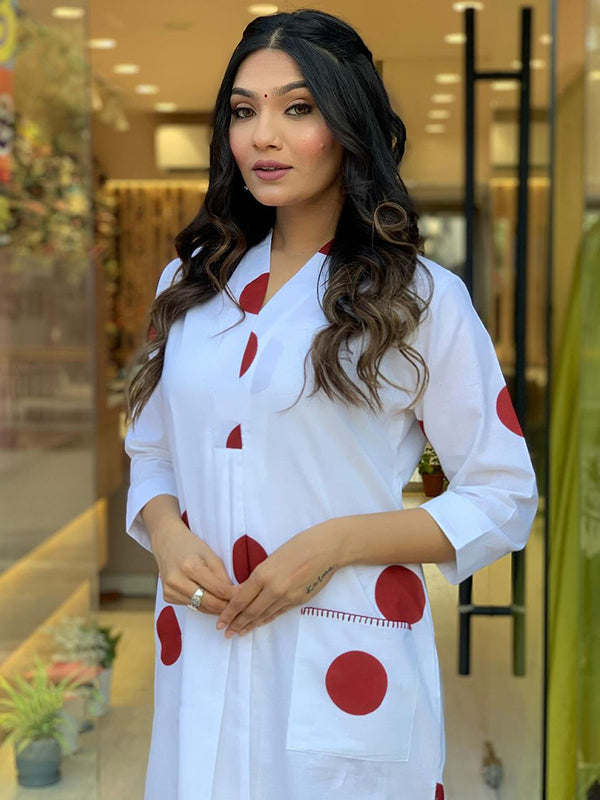 Maroon Polka Dot White Cotton Kurti With Pant