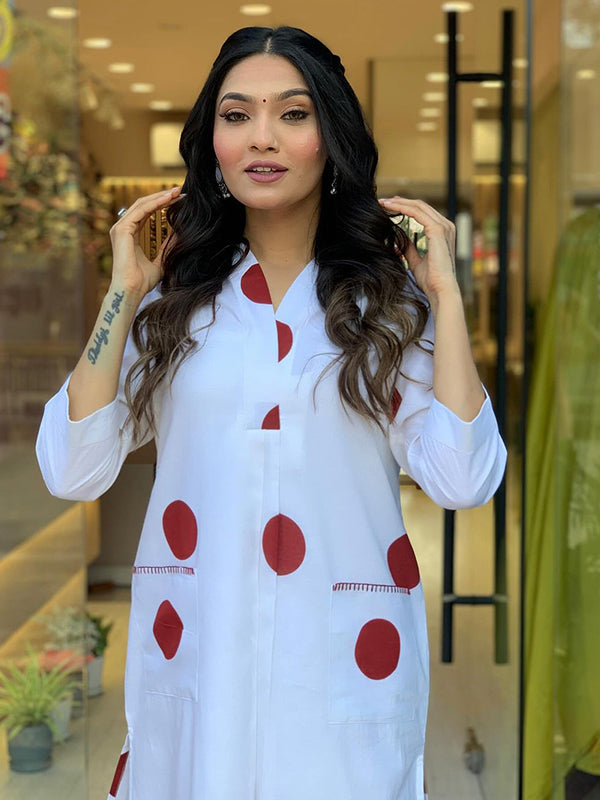 Maroon Polka Dot White Cotton Kurti With Pant