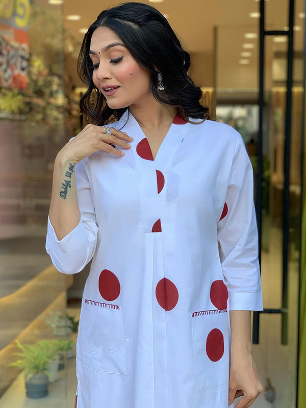 Maroon Polka Dot White Cotton Kurti With Pant