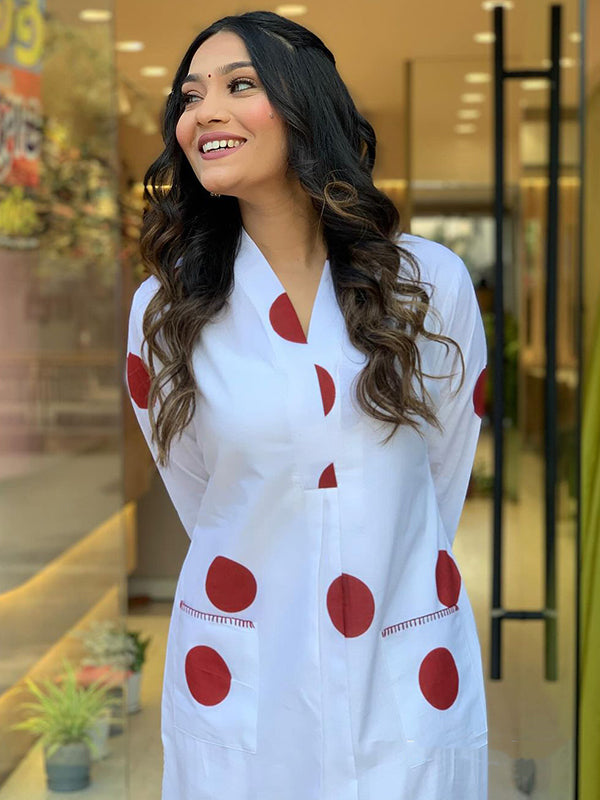 Maroon Polka Dot White Cotton Kurti With Pant