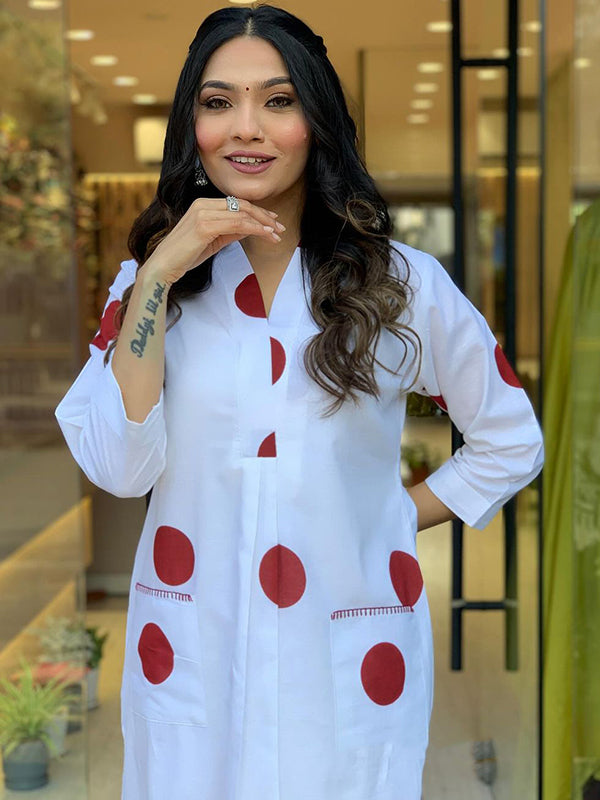 Maroon Polka Dot White Cotton Kurti With Pant