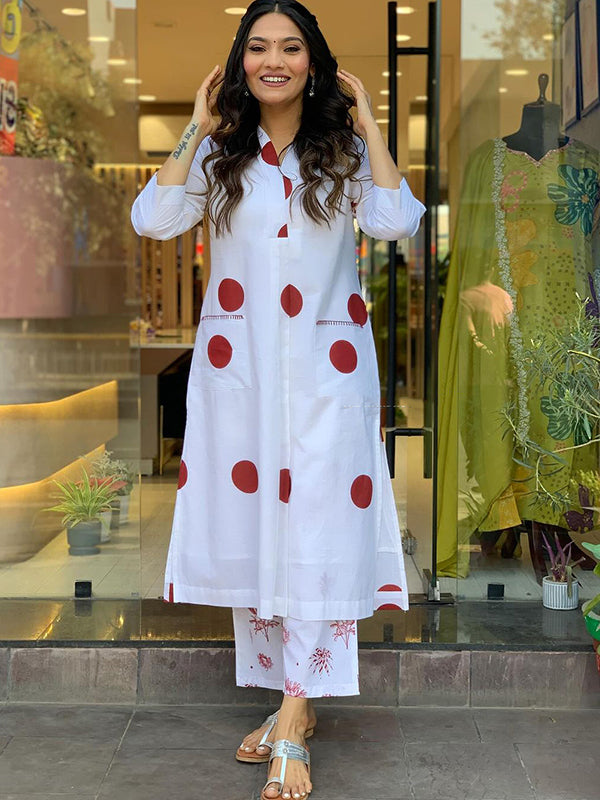 Maroon Polka Dot White Cotton Kurti With Pant