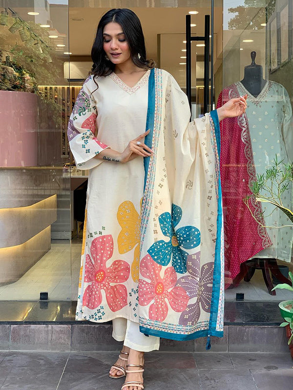 Muslin Off White Flower Printed Kurti With Pant & Dupatta Set