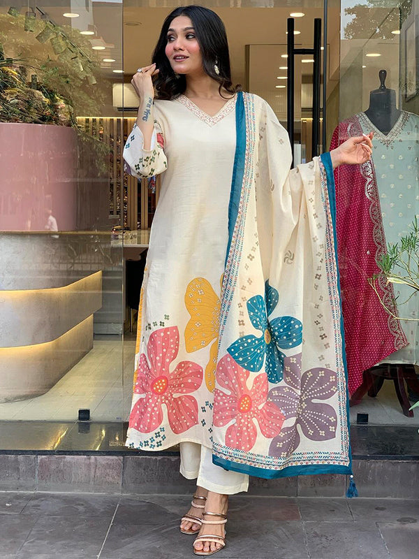 Muslin Off White Flower Printed Kurti With Pant & Dupatta Set