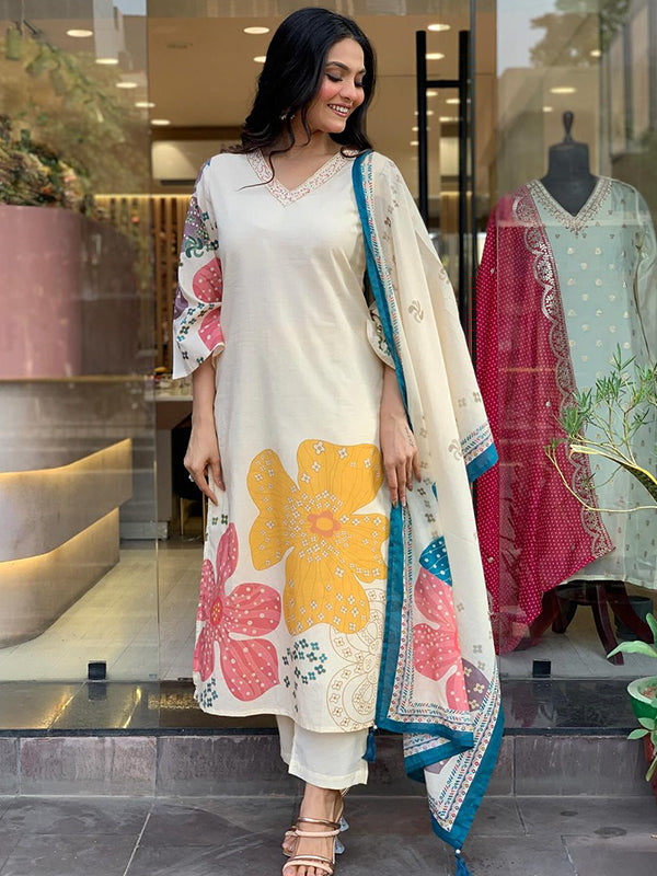 Muslin Off White Flower Printed Kurti With Pant & Dupatta Set