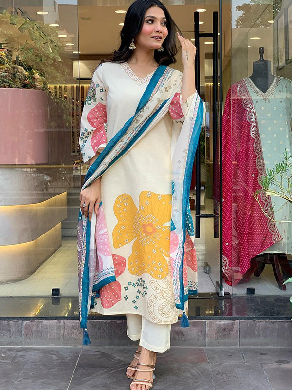 Muslin Off White Flower Printed Kurti With Pant & Dupatta Set