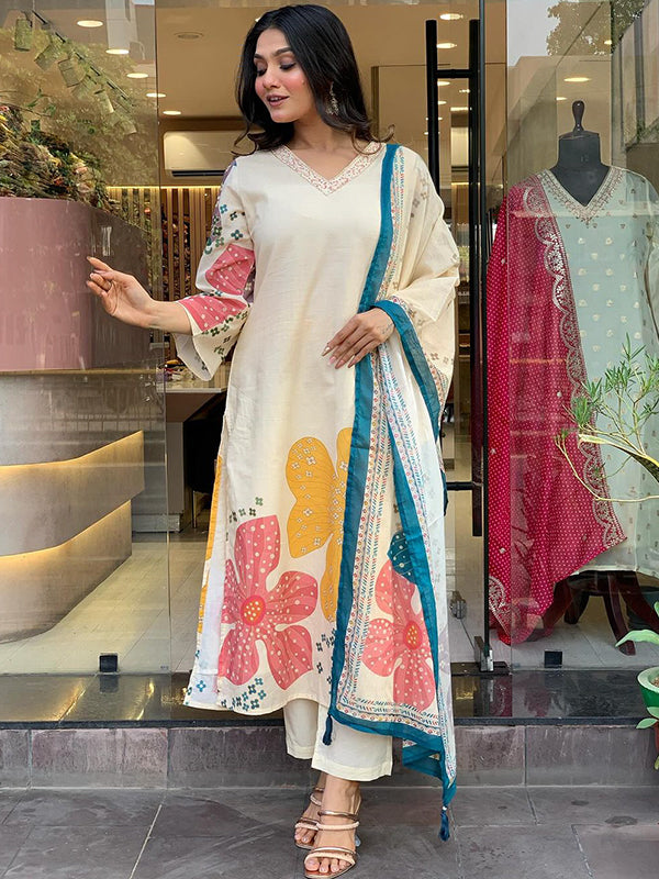 Muslin Off White Flower Printed Kurti With Pant & Dupatta Set