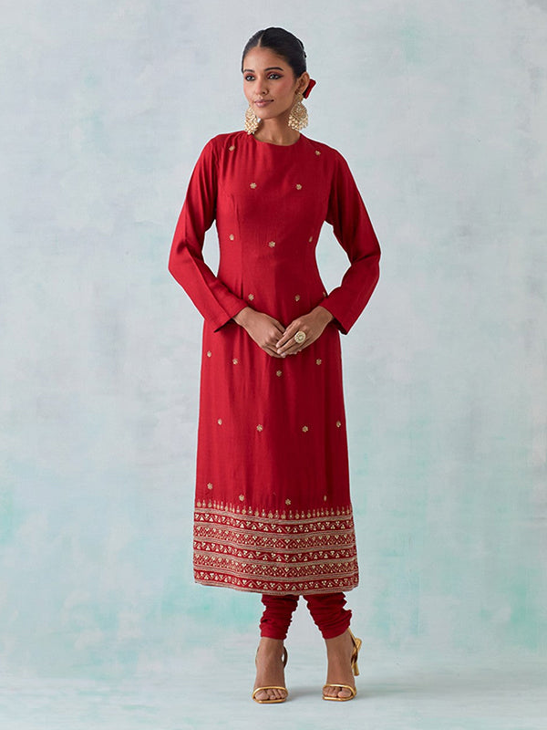 Red Roman Silk Embroidered Kurti With Chudidar & Dupatta Set