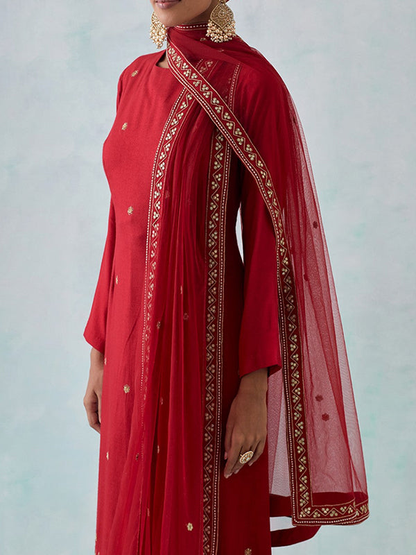 Red Roman Silk Embroidered Kurti With Chudidar & Dupatta Set