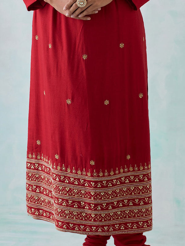 Red Roman Silk Embroidered Kurti With Chudidar & Dupatta Set