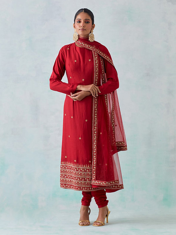 Red Roman Silk Embroidered Kurti With Chudidar & Dupatta Set