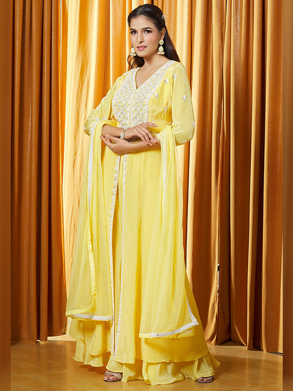 Yellow Chinon Embroidered Slit Kurti With Palazzo & Dupatta Set