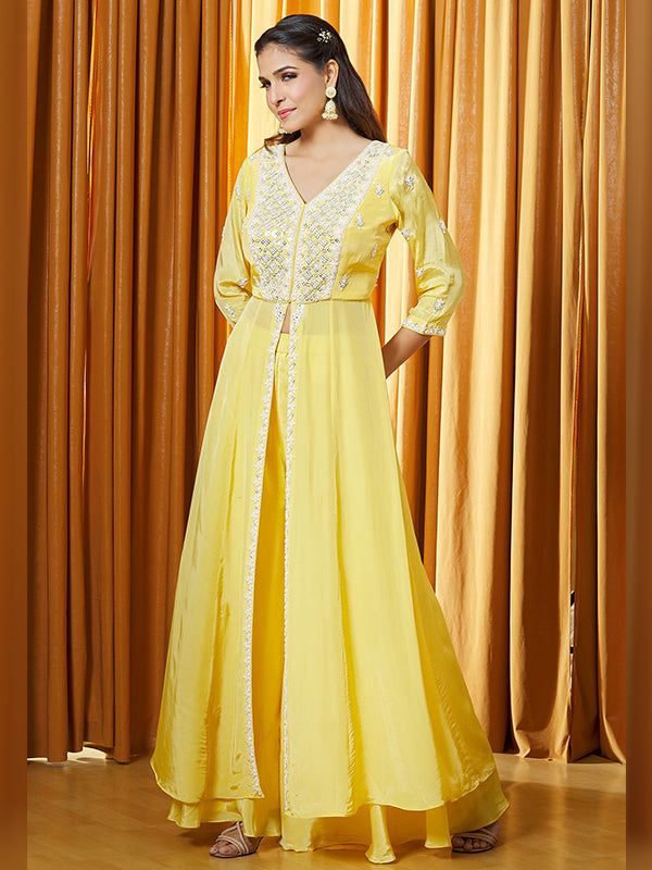 Yellow Chinon Embroidered Slit Kurti With Palazzo & Dupatta Set