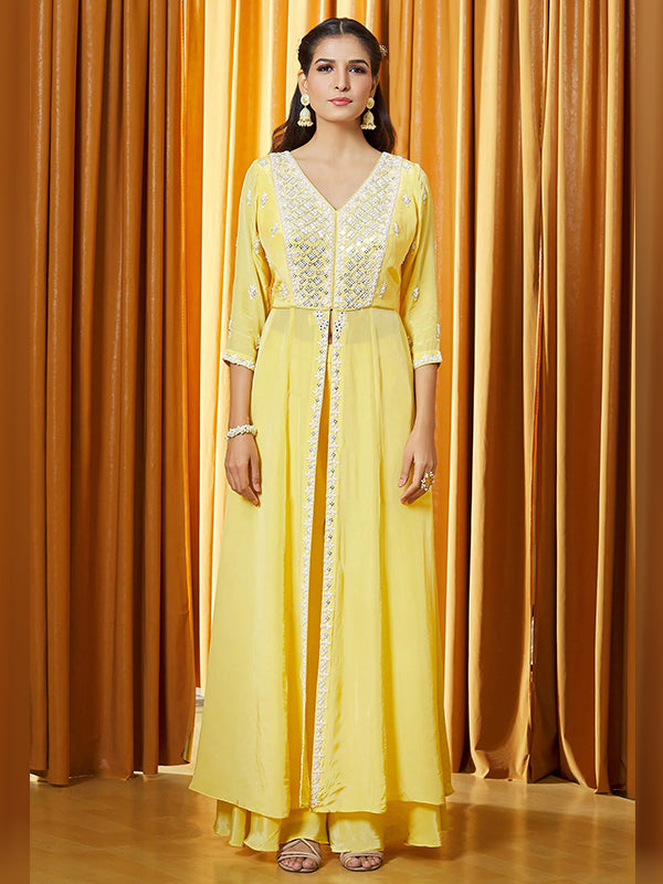 Yellow Chinon Embroidered Slit Kurti With Palazzo & Dupatta Set