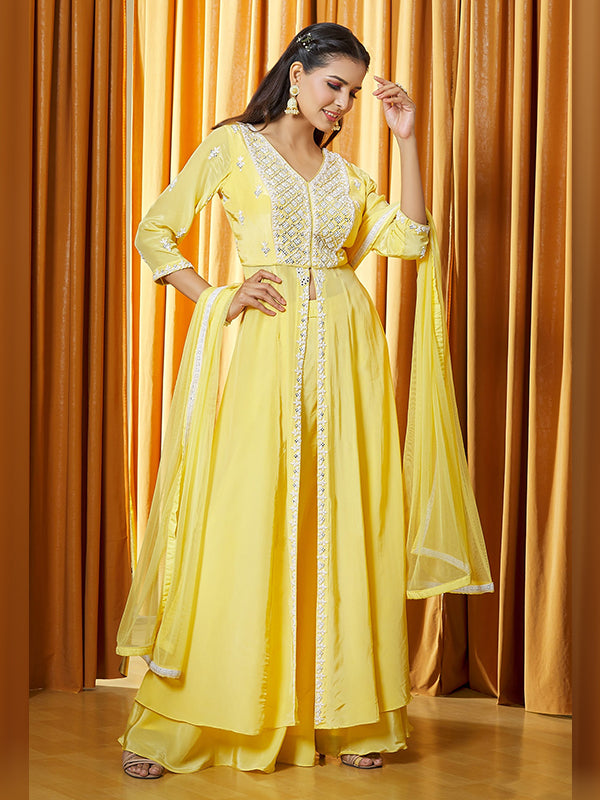 Yellow Chinon Embroidered Slit Kurti With Palazzo & Dupatta Set