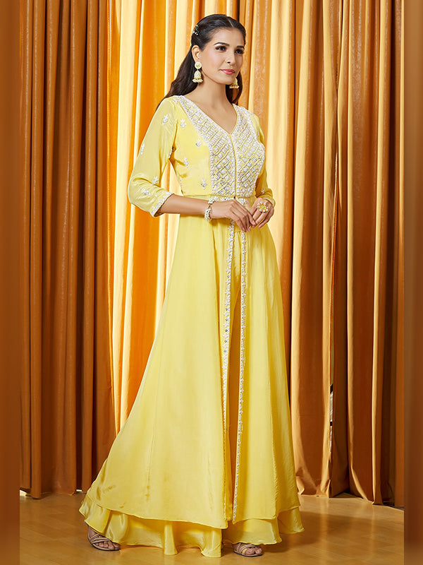 Yellow Chinon Embroidered Slit Kurti With Palazzo & Dupatta Set