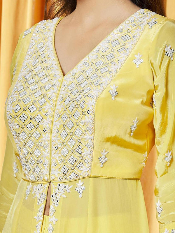 Yellow Chinon Embroidered Slit Kurti With Palazzo & Dupatta Set