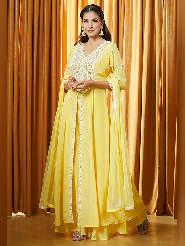 Yellow Chinon Embroidered Slit Kurti With Palazzo & Dupatta Set