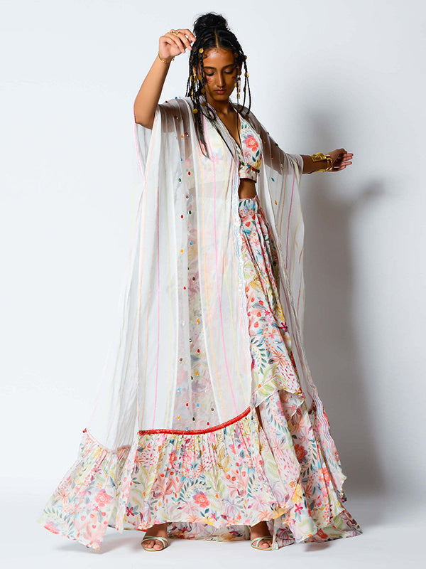 White Dupion Dhoti Set With Cape