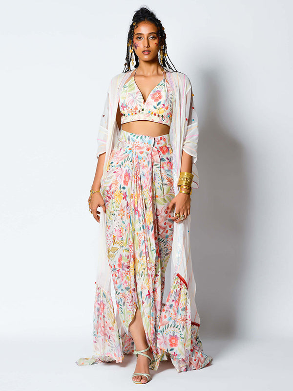 White Dupion Dhoti Set With Cape