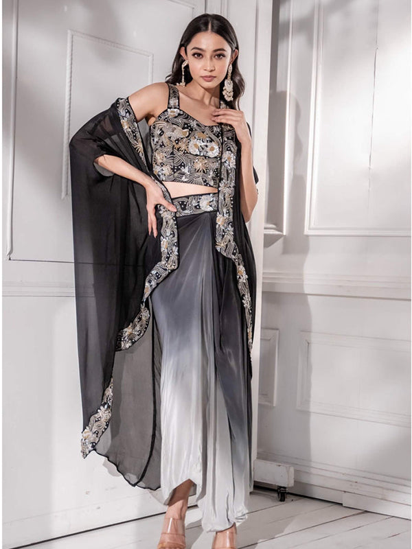 Black Ombre Indo western Draped Dhoti Skirt Set