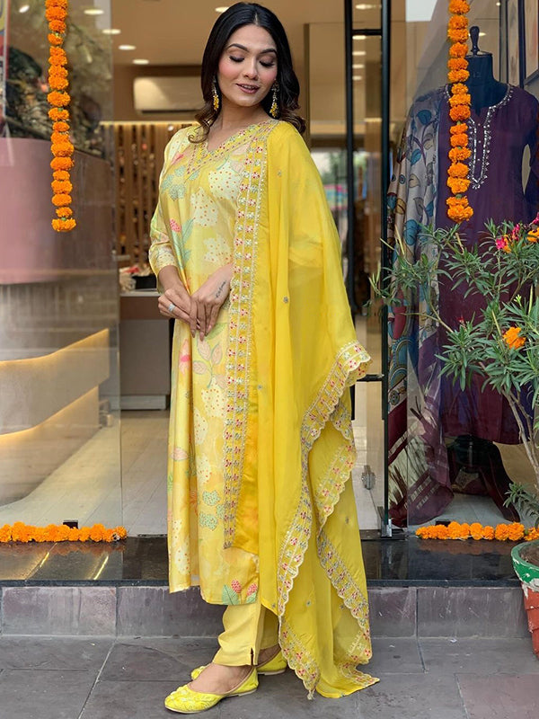 Yellow Viscose Printed Kurti With Pant & Dupatta Set