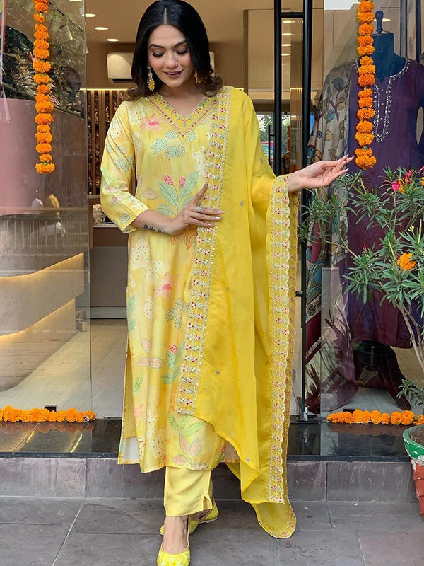 Yellow Viscose Printed Kurti With Pant & Dupatta Set