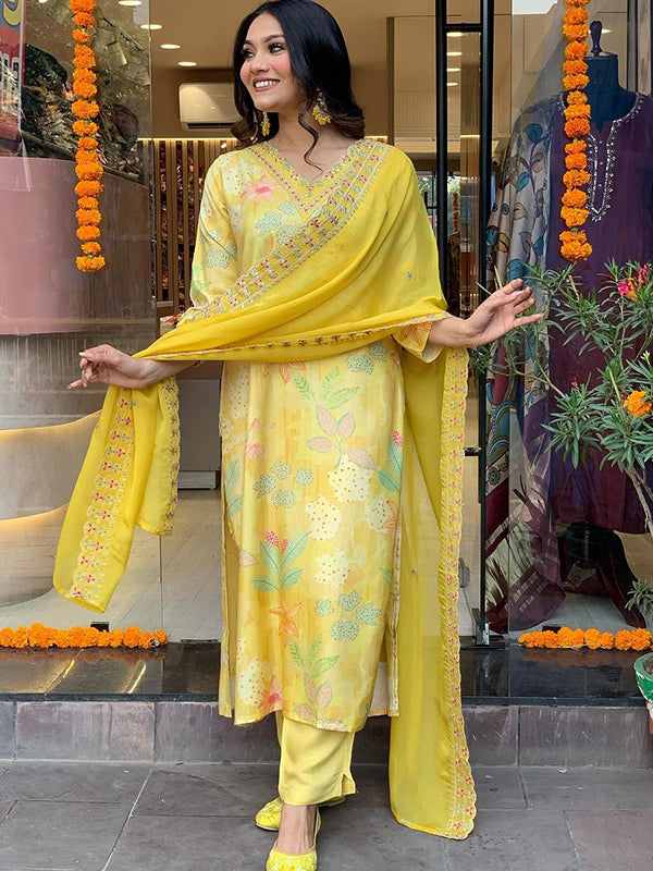 Yellow Viscose Printed Kurti With Pant & Dupatta Set