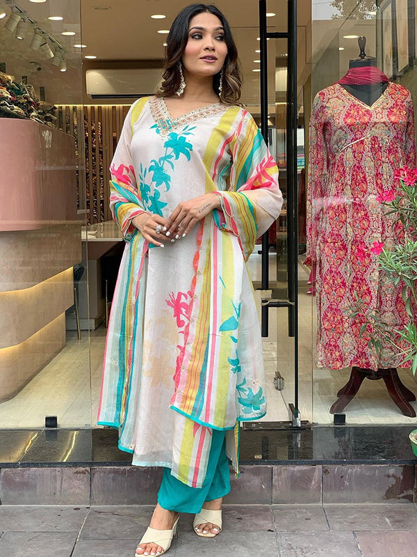 Taby Multicolor Printed Kurti With Pant & Dupatta Set