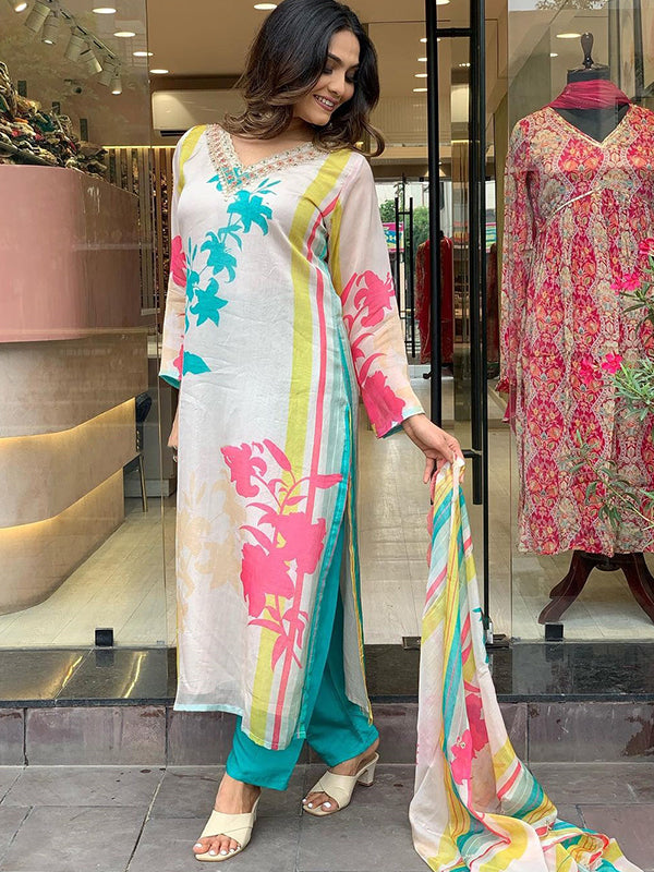 Taby Multicolor Printed Kurti With Pant & Dupatta Set