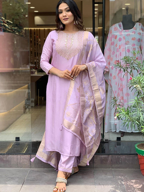 Embroidered Lavender Viscose Kurti With Pant & Dupatta Set