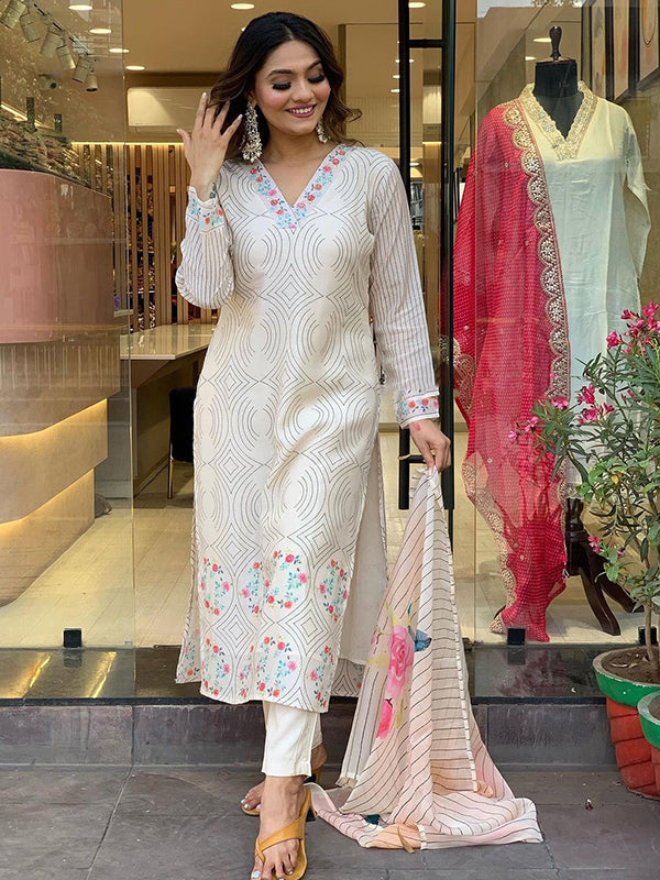 White Taby Printed Kurti With Pant & Dupatta Set