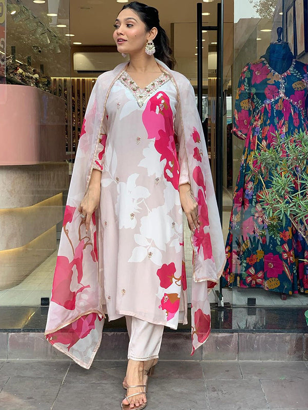 Beige Pink Taby Printed Kurti With Pant & Dupatta Set