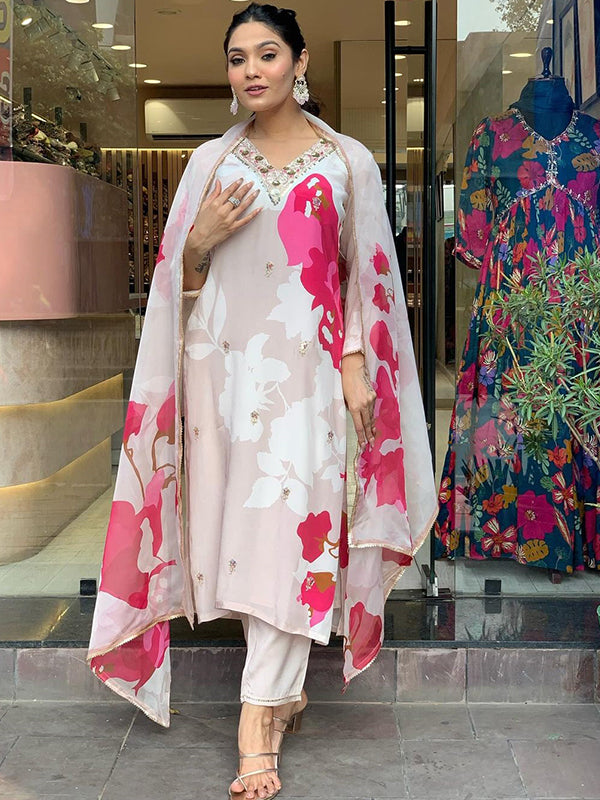 Beige Pink Taby Printed Kurti With Pant & Dupatta Set