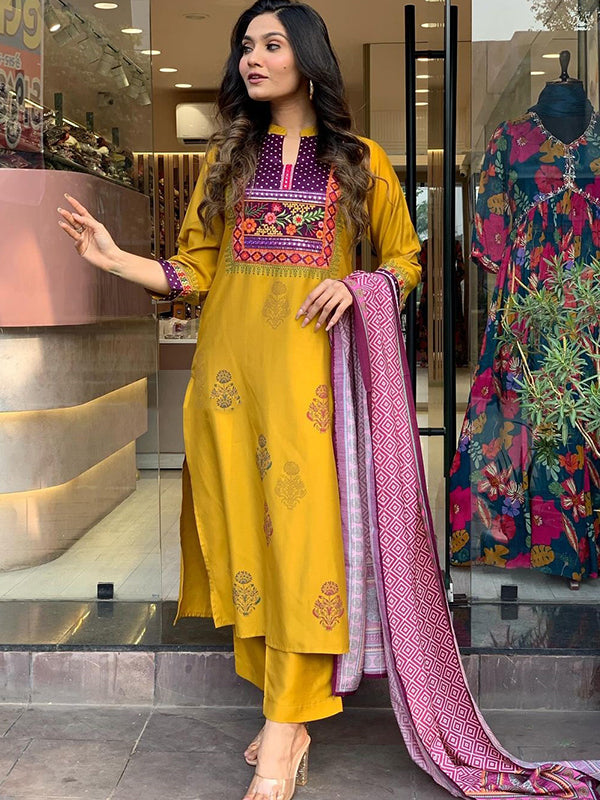 Mustard Taby Printed Kurti With Pant & Dupatta Set