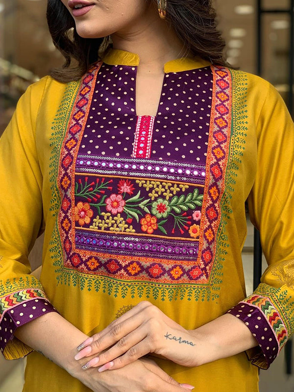 Mustard Taby Printed Kurti With Pant & Dupatta Set