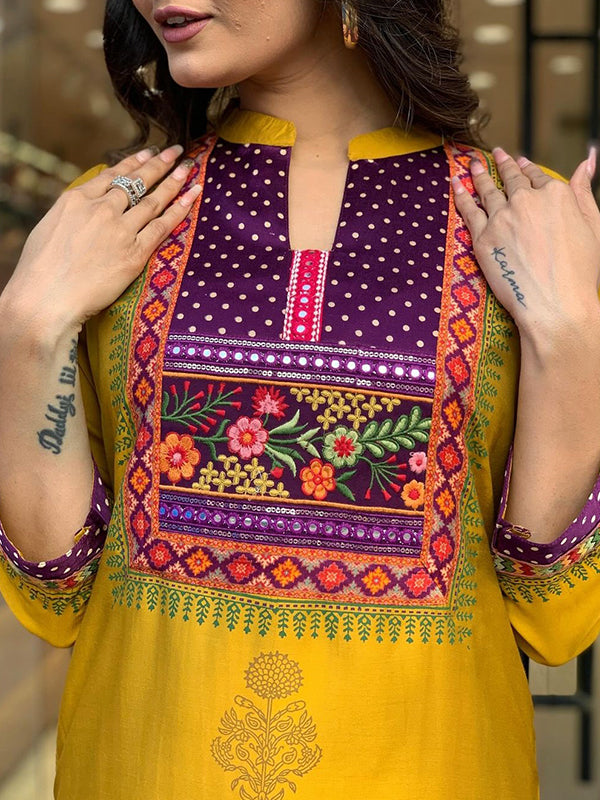 Mustard Taby Printed Kurti With Pant & Dupatta Set