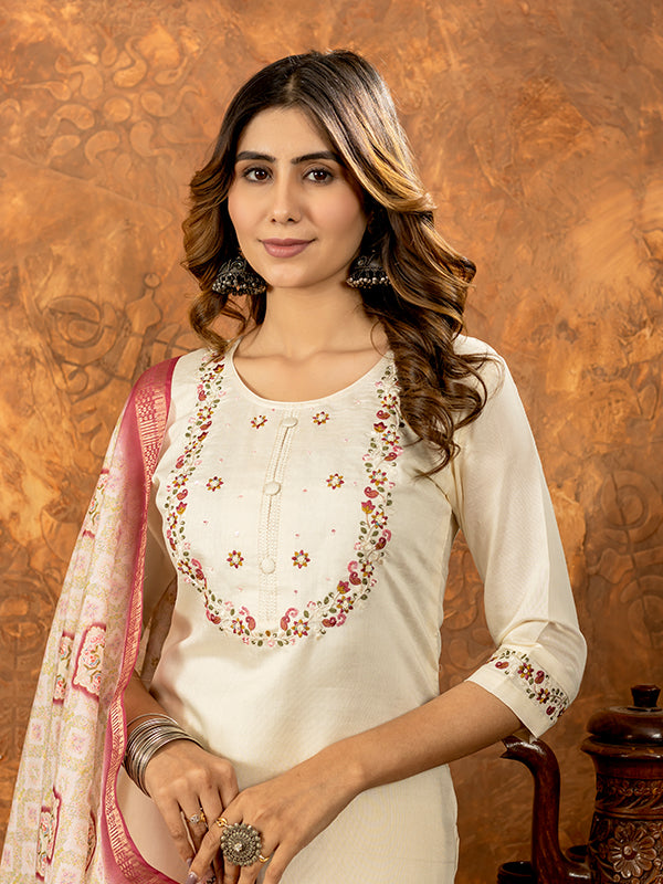 Off White Embroidered With Hand Work Suit Set