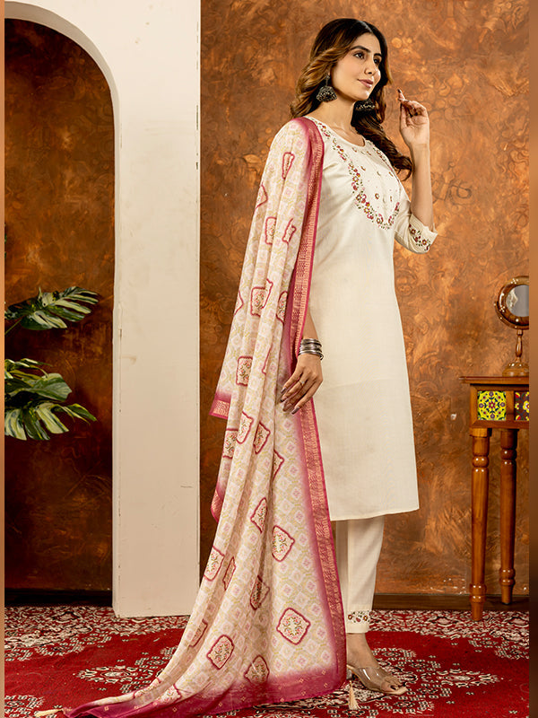 Off White Embroidered With Hand Work Suit Set