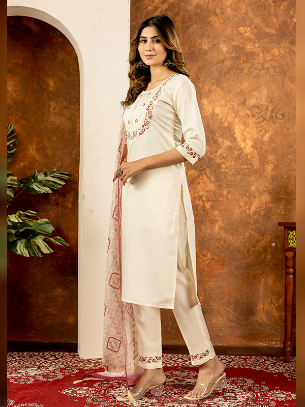 Off White Embroidered With Hand Work Suit Set