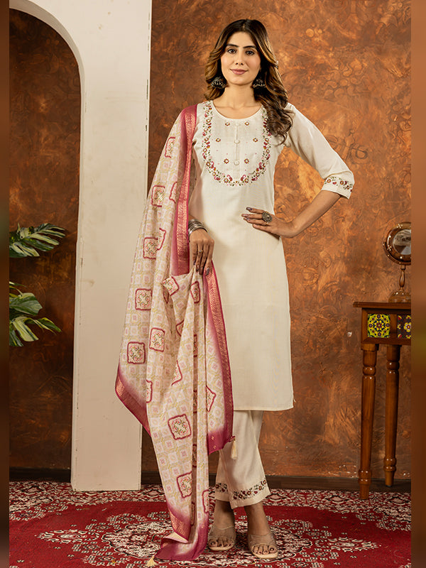 Off White Embroidered With Hand Work Suit Set