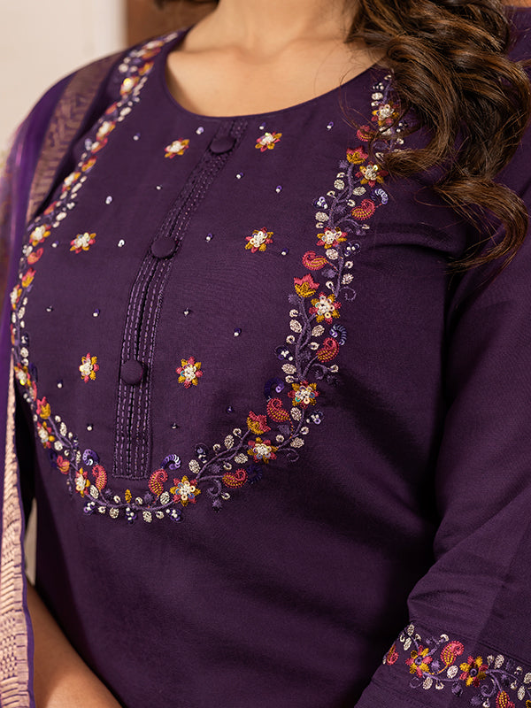 Wine Embroidered With Hand Work Suit Set