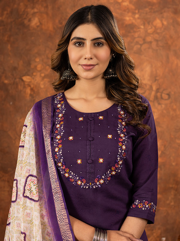 Wine Embroidered With Hand Work Suit Set