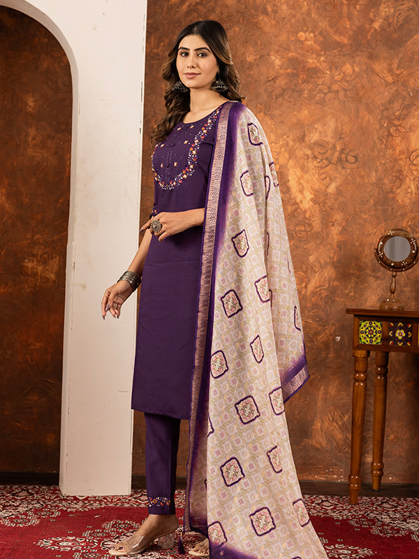 Wine Embroidered With Hand Work Suit Set