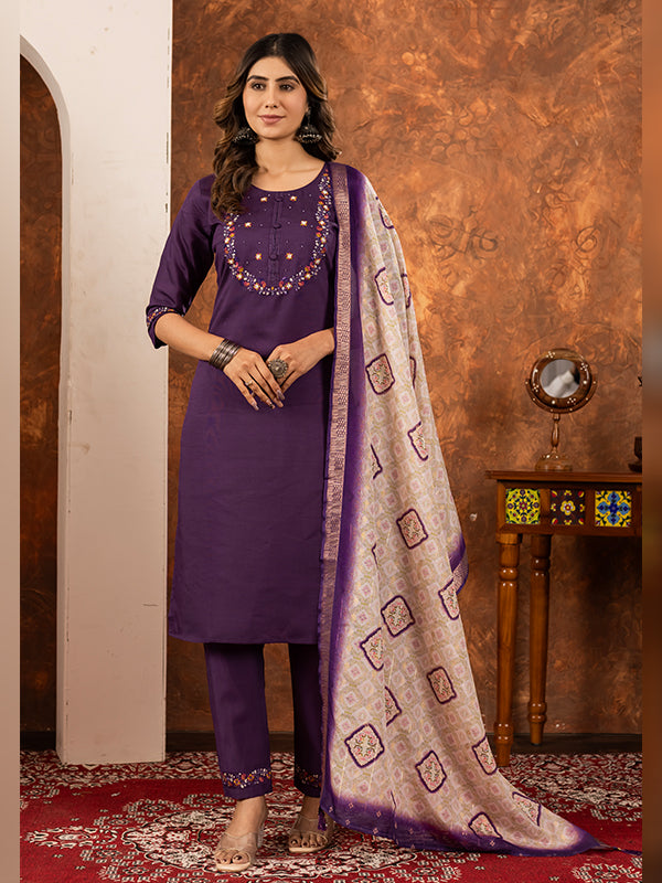 Wine Embroidered With Hand Work Suit Set